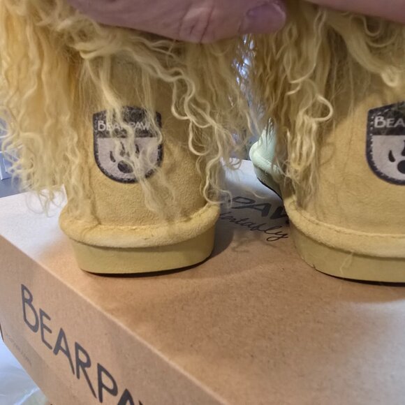 New Bearpaw Boo Boots Leather Suede Long Fur Sheepskin Women's Yellow Size 9 NEW - Picture 7 of 13